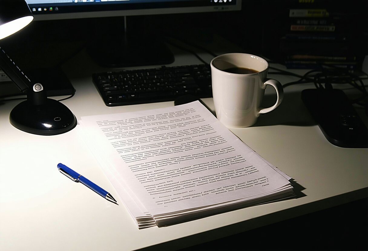 A marked-up manuscript stack on a desk at night