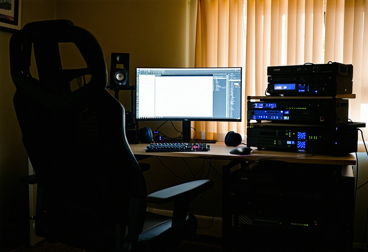 A one-person edit suite at night