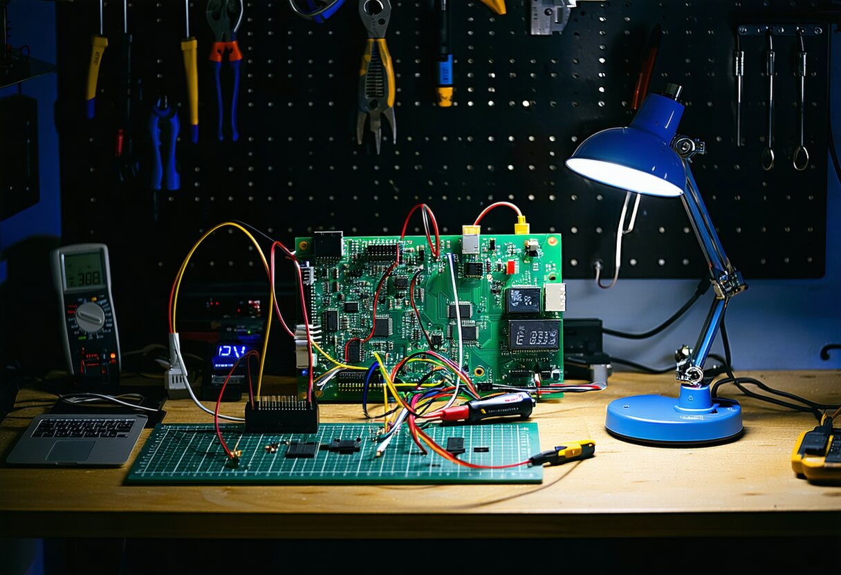 An electronics workbench mid-project at night