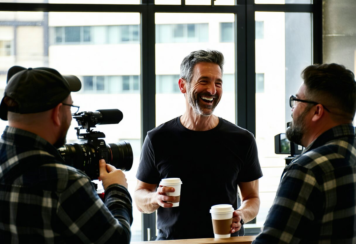 On set with crew between takes