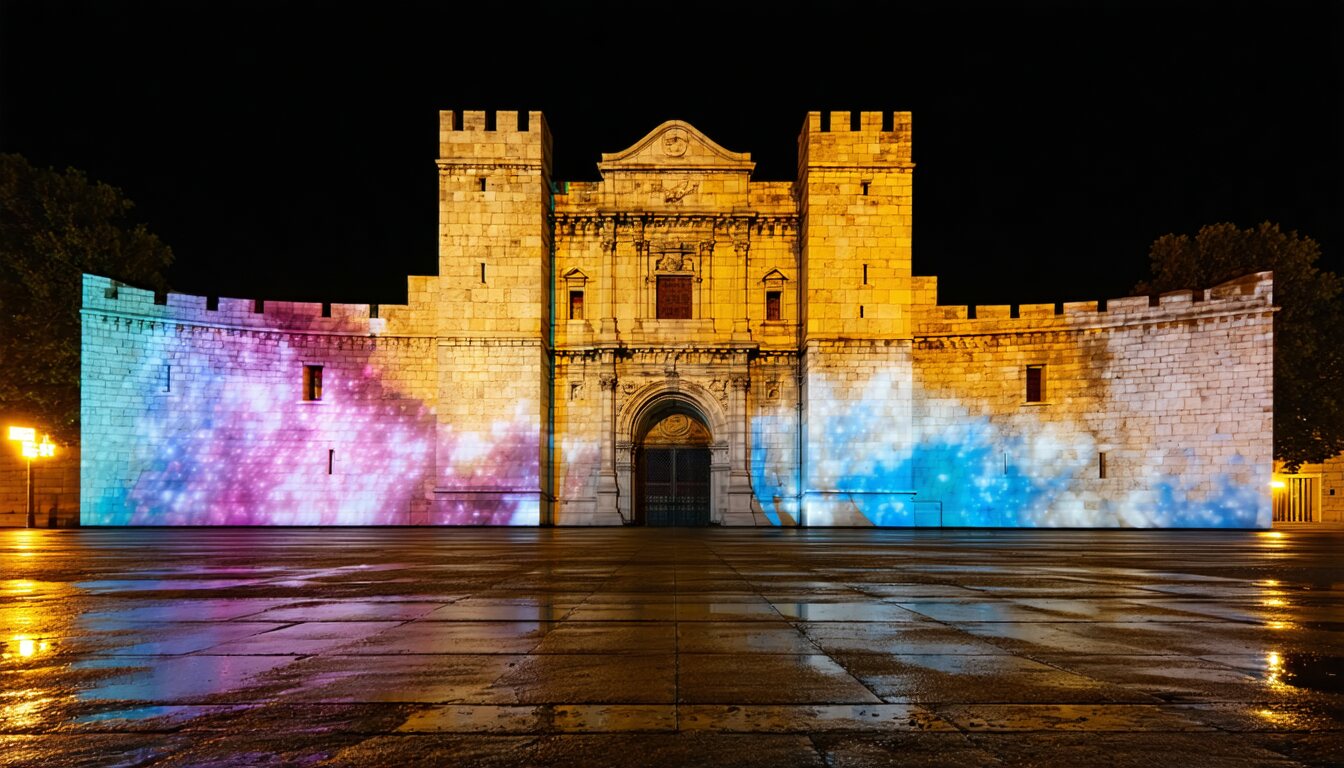 Large-format projection mapped across a stone facade at night