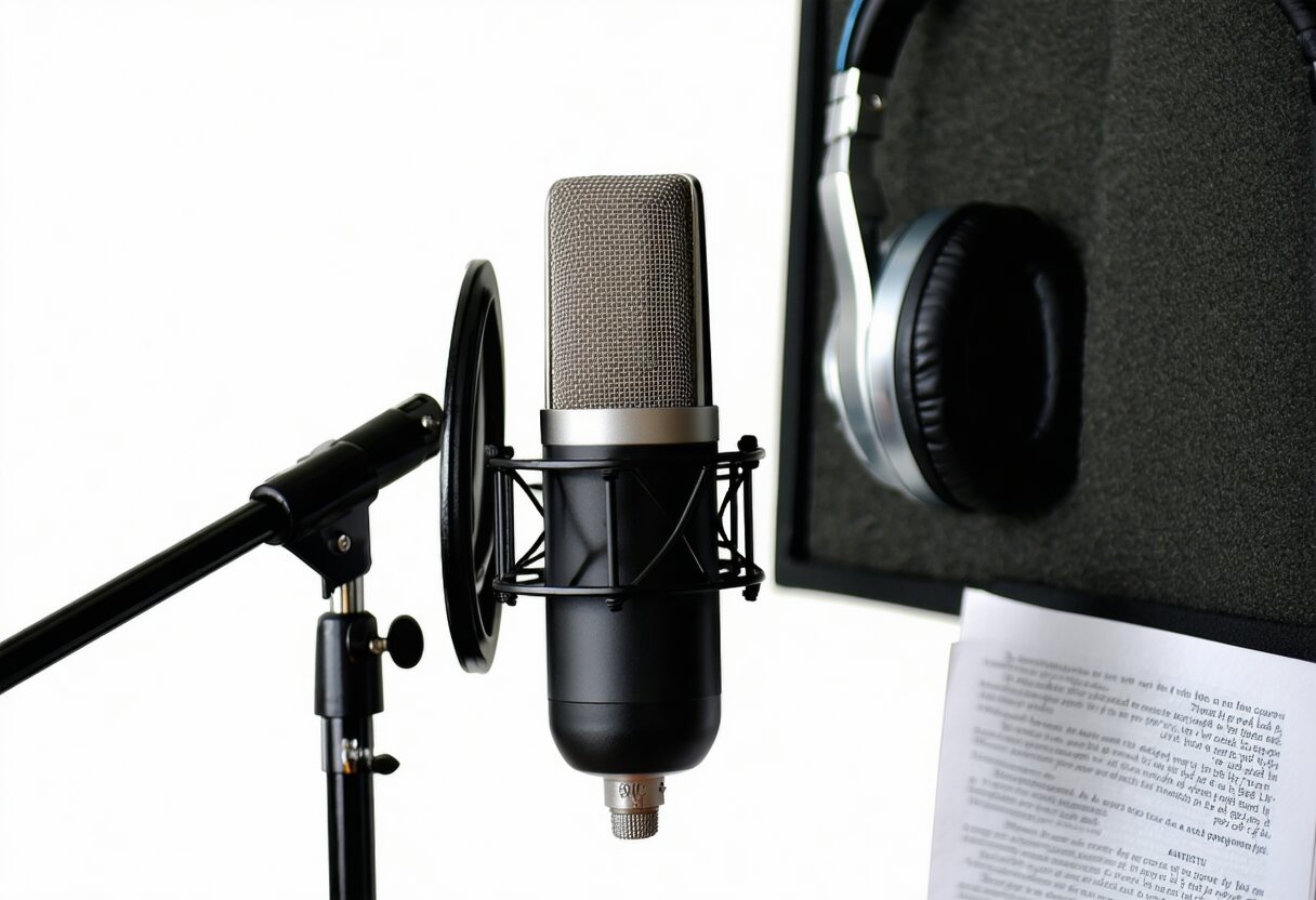 A condenser microphone in a treated booth